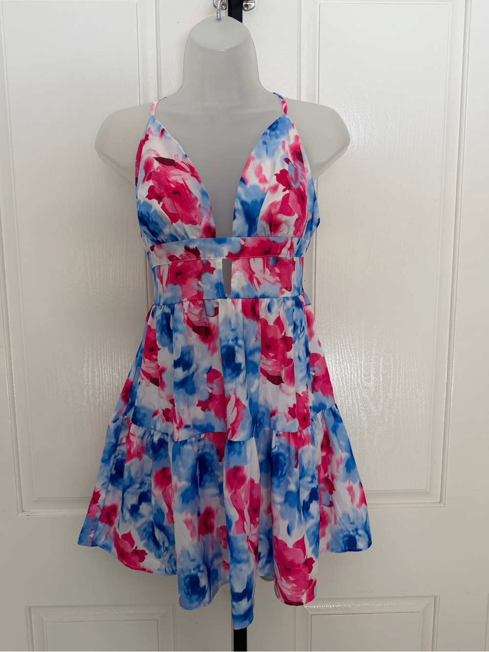 SHEIN Pink & Blue Watercolor Floral Mini Sundress Sz L